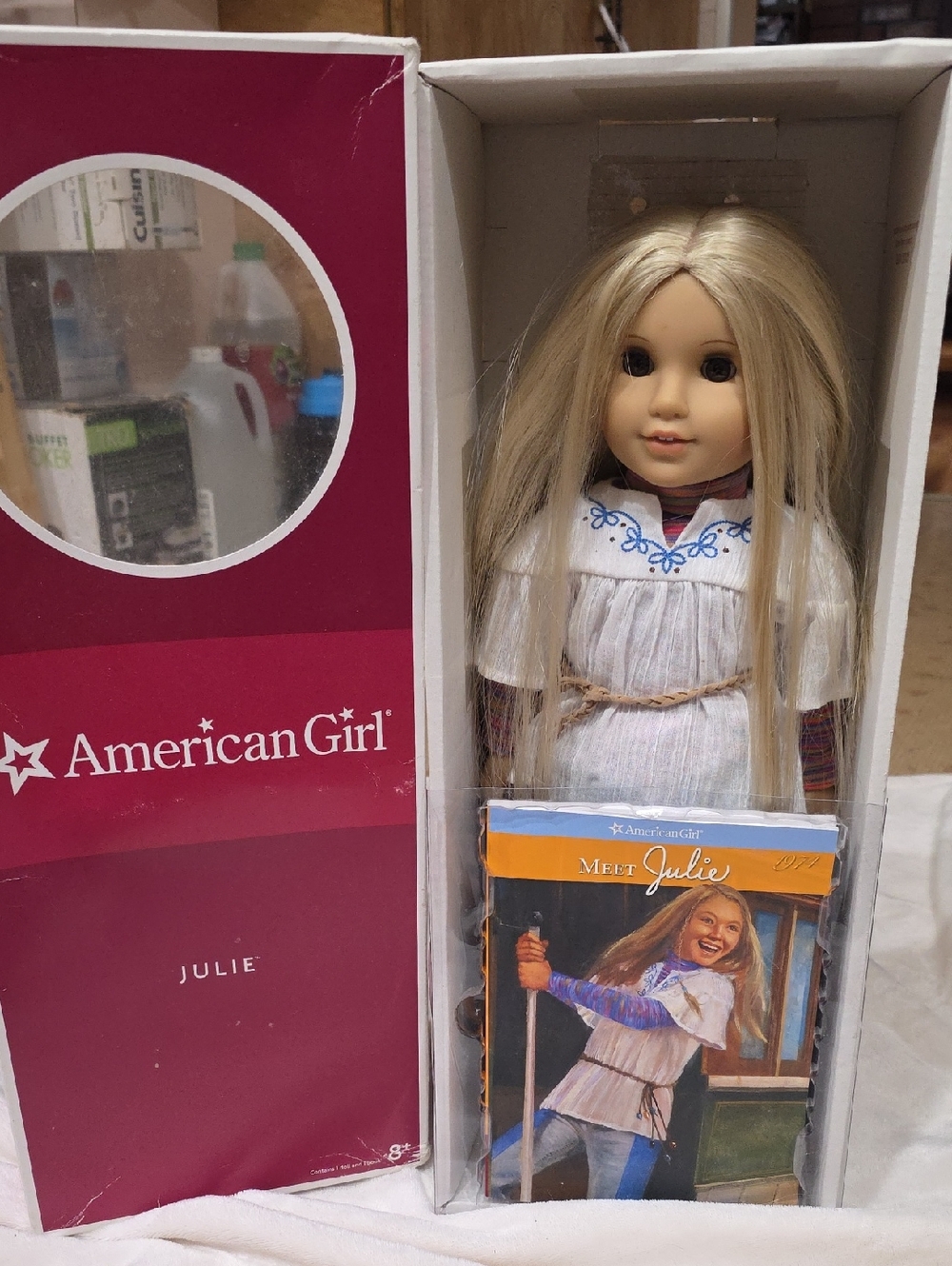 American Girl Julie Doll with Blonde Hair in White Dress and Blue Embroidery